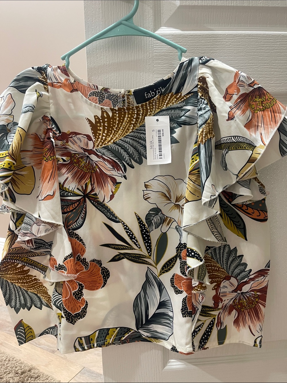 fab'rik Cream Floral Flutter Sleeve Blouse with Orange, Green & Gray Print